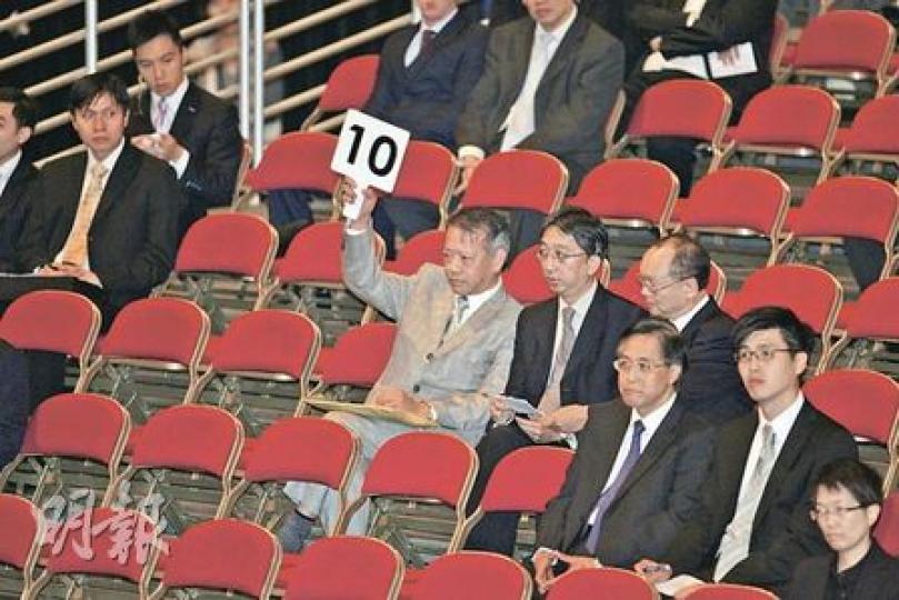 九龍塘延文禮士道地皮昨以21.7億元由華懋集團投得,圖為華懋集團售樓部總經理吳崇武,高舉10號牌競投地皮。(郭慶輝攝) 九龍塘延文禮士道地皮昨以21.7億元由華懋集團投得,圖為華懋集團售樓部總經理吳崇武,高舉10號牌競投地皮。(郭慶輝攝)