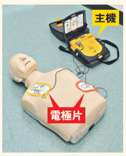 全自動的心臟除顫器,有廣東話語音操作指示,能自動偵測當事人心率,並於適合的情况下發出電擊。而在電擊後同時施以心外壓,可增加心臟的血液輸出,確保心臟及腦部的血管得到血液供應,增加救治機會。(陳淑安攝) 全自動的心臟除顫器,有廣東話語音操作指示,能自動偵測當事人心率,並於適合的情况下發出電擊。而在電擊後同時施以心外壓,可增加心臟的血液輸出,確保心臟及腦部的血管得到血液供應,增加救治機會。(陳淑安攝)