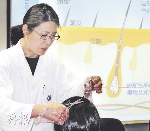 社工或醫護人員為接受驗毒者剪一小束約一毫子硬幣厚的頭髮,送往政府化驗所驗毒,為顧及驗毒者儀容,會盡量選取底層頭髮,整個過程需約5分鐘。(蕭輝浩攝)禁毒專員黃碧兒(左)昨日巡視政府化驗所,了解今年6月推出的頭髮驗毒先導計劃的執行情况,並在化驗師李詠文(右)協助下嘗試頭髮驗毒工作。(蕭輝浩攝) 社工或醫護人員為接受驗毒者剪一小束約一毫子硬幣厚的頭髮,送往政府化驗所驗毒,為顧及驗毒者儀容,會盡量選取底層頭髮,整個過程需約5分鐘。(蕭輝浩攝)禁毒專員黃碧兒(左)昨日巡視政府化驗所,了解今年6月推出的頭髮驗毒先導計劃的執行情况,並在化驗師李詠文(右)協助下嘗試頭髮驗毒工作。(蕭輝浩攝)