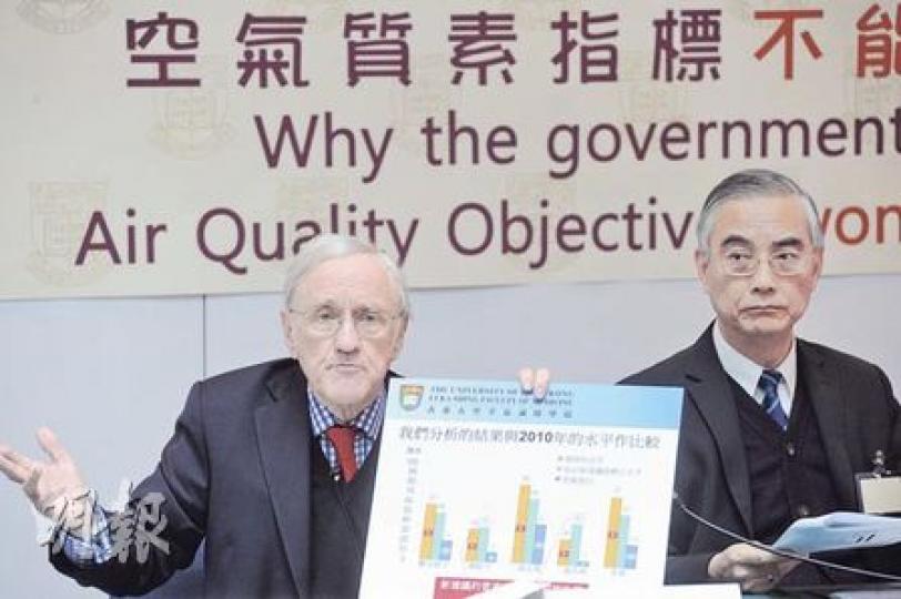 港大研究批評,本港空氣質素指標遠較世衛指引寬鬆。香港大學李嘉誠醫學院公共衛生學院名譽教授賀達理(左)認為,指標未能保障公眾健康,促請政府採納世衛指引。右為院長林大慶。(尹錦恩攝) 港大研究批評,本港空氣質素指標遠較世衛指引寬鬆。香港大學李嘉誠醫學院公共衛生學院名譽教授賀達理(左)認為,指標未能保障公眾健康,促請政府採納世衛指引。右為院長林大慶。(尹錦恩攝)