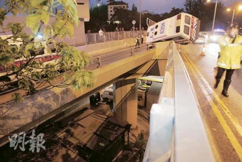 一輛警車在鴨脷洲大橋失事,車身擱在分岔路石壆上,車上3名警員險連人帶車翻墮橋底公園,場面驚險。(鍾炳然攝) 一輛警車在鴨脷洲大橋失事,車身擱在分岔路石壆上,車上3名警員險連人帶車翻墮橋底公園,場面驚險。(鍾炳然攝)