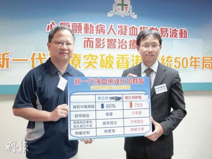 心房顫動患者余先生（左）表示，服用華法林逾18個月，但每次覆診凝血指數均未能達至安全水平，而且服藥後要戒口。他希望轉用新藥，但擔心未能負擔藥費。圖右為香港藥劑師學會會長蘇曜華。（余卓善攝）
