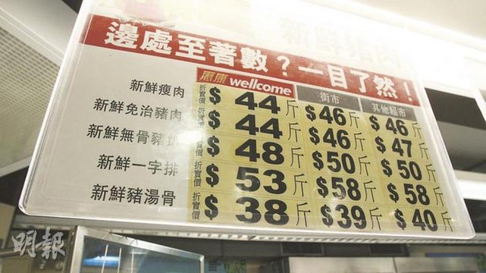 位於柴灣環翠商場的惠康超級廣場,昨日店內鮮豬肉聲稱以八五折出售,但折實價每斤瘦肉仍售44元一斤、無骨豬扒售48元一斤,相對區內街市部分豬肉檔,瘦肉和豬扒每斤售價已減至36元一斤。(林振東攝)(明報製圖) 位於柴灣環翠商場的惠康超級廣場,昨日店內鮮豬肉聲稱以八五折出售,但折實價每斤瘦肉仍售44元一斤、無骨豬扒售48元一斤,相對區內街市部分豬肉檔,瘦肉和豬扒每斤售價已減至36元一斤。(林振東攝)(明報製圖)