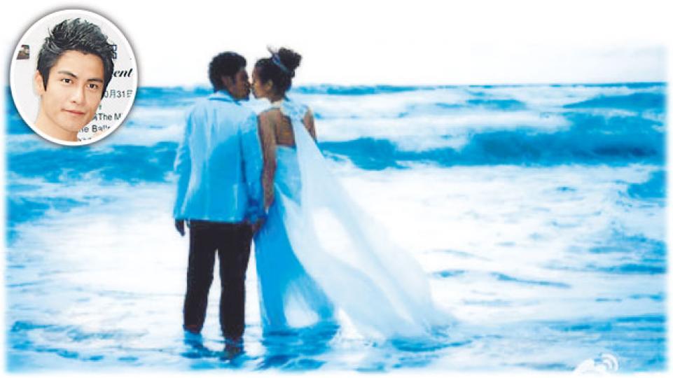 呂慧儀於微博上載一張穿婚紗與未婚夫手拖手在海邊漫步的親吻照，準新郎側面與前港男黃文迪（圓圖）有點相似，加上準新娘認做黃老太，令新郎身分呼之欲出。（微博圖片）