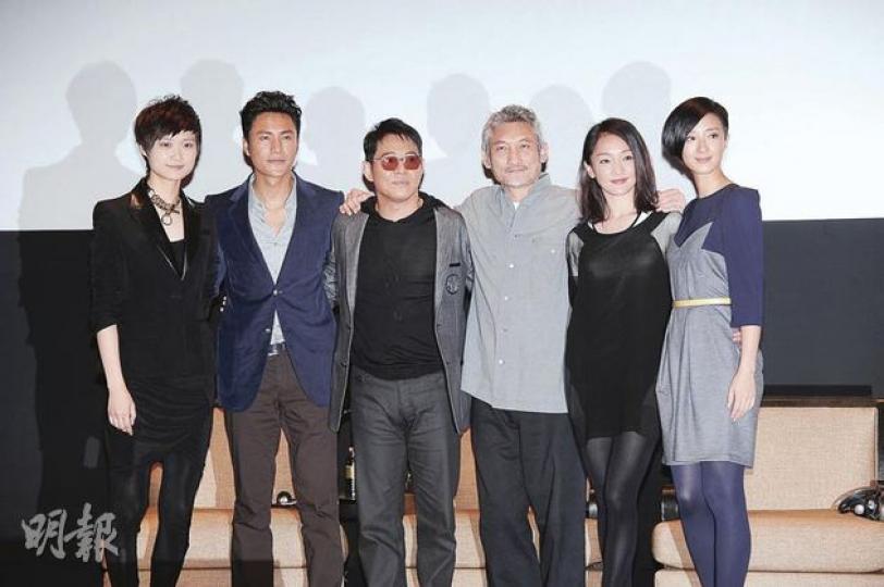 李宇春（左起）、陳坤、李連杰、導演徐克、周迅及桂綸鎂齊集澳門，為新片《龍門飛甲3D》宣傳造勢，希望票房有好成績。（攝影：黃梓烜）