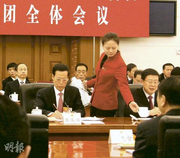 會議過程中張高麗埋頭書寫時間幾近兩小時，一直面無表情。禮儀小姐兩輪給代表斟茶，都未給張高麗斟。（麥俊攝）張高麗回答記者問題時，否認有「天津模式」。（麥俊攝）