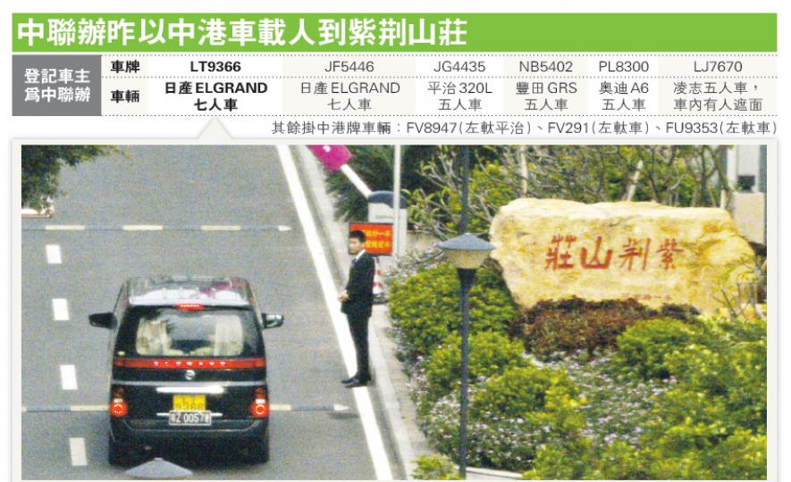 中聯辦多輛掛着中港車牌的私家車昨接載賓客到深圳紫荊山莊。(明報記者攝) 中聯辦多輛掛着中港車牌的私家車昨接載賓客到深圳紫荊山莊。(明報記者攝)