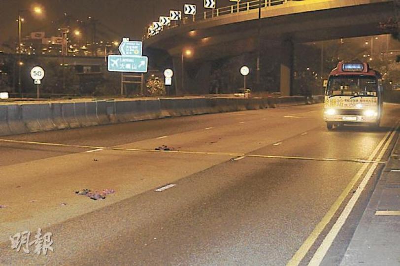 圖中車道中線,可見兩頭小狗的屍體已被輾成「地氈」,食環署的外判商在事發後11小時,才到現場將狗屍執走。(蔡方山攝) 圖中車道中線,可見兩頭小狗的屍體已被輾成「地氈」,食環署的外判商在事發後11小時,才到現場將狗屍執走。(蔡方山攝)