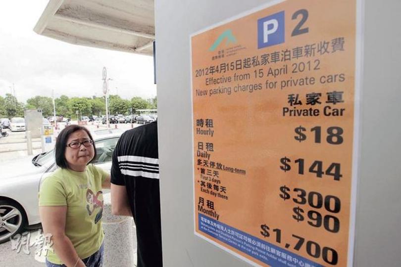 剛從杭州回港的黎小姐(左),看見收費單立即跳下座駕與職員理論,方知機場停車場大加停泊費。機管局停車場全線加價,其中只有二號停車場提供多天停泊,收費加幅亦最高。(郭慶輝攝) 機管局上周增加3個停車場、逾3000個車位的收費,所有時租泊位加價2元。2號停車場(圖)全為露天車位,昨逾一半車位泊滿。(郭慶輝攝) 剛從杭州回港的黎小姐(左),看見收費單立即跳下座駕與職員理論,方知機場停車場大加停泊費。機管局停車場全線加價,其中只有二號停車場提供多天停泊,收費加幅亦最高。(郭慶輝攝) 機管局上周增加3個停車場、逾3000個車位的收費,所有時租泊位加價2元。2號停車場(圖)全為露天車位,昨逾一半車位泊滿。(郭慶輝攝)