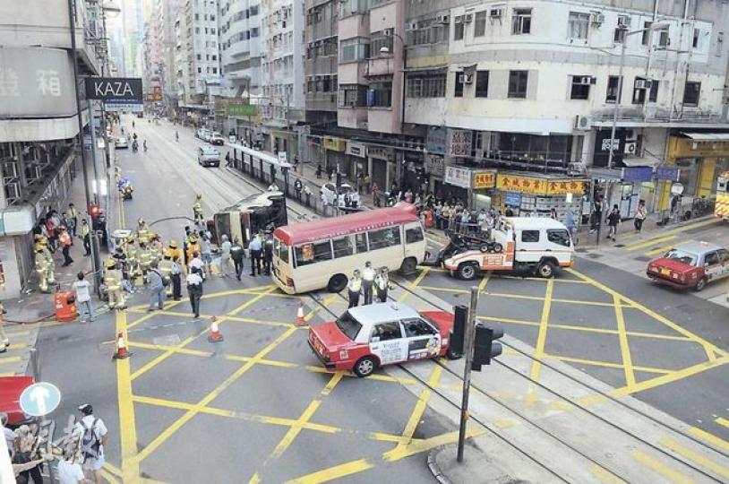 車禍現場為德輔道西與西邊街交界,一輛沿德輔道西東行的小巴疑因衝紅燈,遭沿西邊街上斜的小巴攔腰撞翻,事後警方封鎖現場調查,由交通警員疏導車輛。(蔡方山攝) 兩車司機與乘客在路邊接受包紮,駕駛往香港仔小巴的姓杜司機(左)雙膝受傷,另一姓蘇小巴司機(右)則右手受傷。(蔡方山攝) 小巴相撞後,駛往香港仔的一輛繼續前衝,將安全島上交通燈撞至歪斜始停下。(蔡方山攝) 車禍現場為德輔道西與西邊街交界,一輛沿德輔道西東行的小巴疑因衝紅燈,遭沿西邊街上斜的小巴攔腰撞翻,事後警方封鎖現場調查,由交通警員疏導車輛。(蔡方山攝) 兩車司機與乘客在路邊接受包紮,駕駛往香港仔小巴的姓杜司機(左)雙膝受傷,另一姓蘇小巴司機(右)則右手受傷。(蔡方山攝) 小巴相撞後,駛往香港仔的一輛繼續前衝,將安全島上交通燈撞至歪斜始停下。(蔡方山攝)