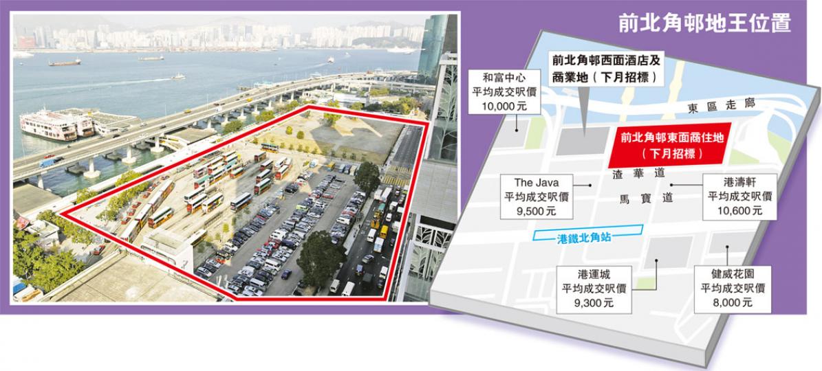 前北角邨地王(紅框)被閒置近十年,地政總署昨日終公布於下月25日公開招標,測量師估值高達100億元。(郭慶輝攝) 前北角邨地王(紅框)被閒置近十年,地政總署昨日終公布於下月25日公開招標,測量師估值高達100億元。(郭慶輝攝)