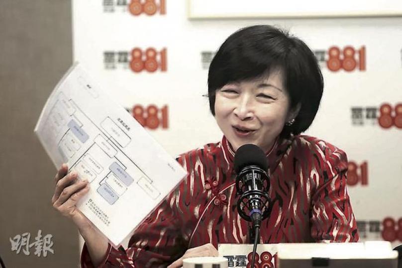候任特首辦主任羅范椒芬昨出席電台節目時，被主持人問及為何梁振英喜歡用背景泛紅的人，穿了紅衣的她幽默笑說，「今日我最紅」。圖為她手持5司14局的架構圖。（李紹昌攝）