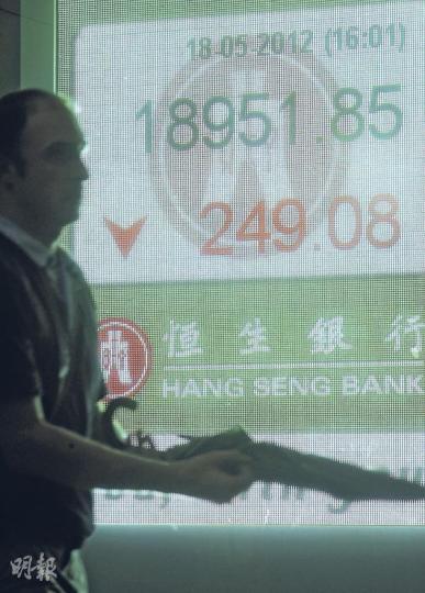 恒指一開市已失守19000點的關口,恒指最終跌249點,收報18952點,全日成交額增加9.1%至658億元。(何家達攝) 恒指一開市已失守19000點的關口,恒指最終跌249點,收報18952點,全日成交額增加9.1%至658億元。(何家達攝)