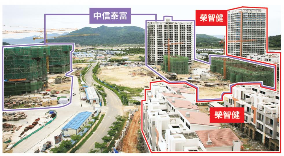 神州半島上,榮智健旗下的隆源項目與中信泰富項目,所處位置近乎犬牙交錯,圖中右下方的別墅項目屬於隆源的「君臨海」項目,圖左及圖中正在施工的建築,為中信泰富2期樓盤星悅海岸。至於右後方的兩座外觀設計幾乎一致的高層物業,右方屬隆源,左方卻屬中信泰富。(杜婧攝) 神州半島上,榮智健旗下的隆源項目與中信泰富項目,所處位置近乎犬牙交錯,圖中右下方的別墅項目屬於隆源的「君臨海」項目,圖左及圖中正在施工的建築,為中信泰富2期樓盤星悅海岸。至於右後方的兩座外觀設計幾乎一致的高層物業,右方屬隆源,左方卻屬中信泰富。(杜婧攝)