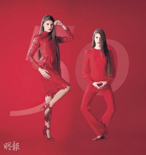 Valentino red--中國人穿紅色代表喜慶,落在意大利品牌Valentino上亦有等同象徵意義。著名的Valentino red是品牌的記認,也是這些年來紅地氈場合中不可或缺的品牌之一。(左)紅色喱士皮革連身裙$99,000,(右)紅色長袖jumpsuit$26,800、紅色鍋釘高跟鞋$7400(林俊源攝) Valentino red--中國人穿紅色代表喜慶,落在意大利品牌Valentino上亦有等同象徵意義。著名的Valentino red是品牌的記認,也是這些年來紅地氈場合中不可或缺的品牌之一。(左)紅色喱士皮革連身裙$99,000,(右)紅色長袖jumpsuit$26,800、紅色鍋釘高跟鞋$7400(林俊源攝)