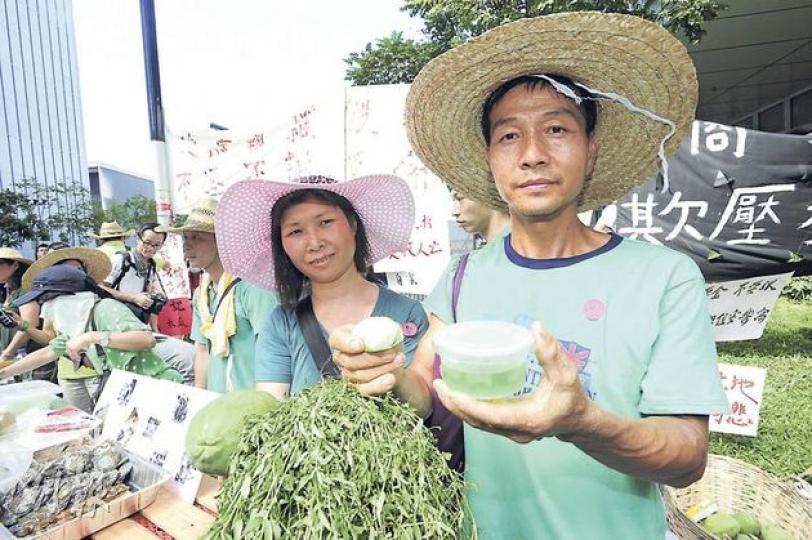 坪輋隔田村村民楊兆津(右)夫婦昨義賣自家製小食,包括手上的糯米糍及蘆薈啫喱,期望能告訴政府,農業發展有其價值。(鄧宗弘攝) 坪輋隔田村村民楊兆津(右)夫婦昨義賣自家製小食,包括手上的糯米糍及蘆薈啫喱,期望能告訴政府,農業發展有其價值。(鄧宗弘攝)