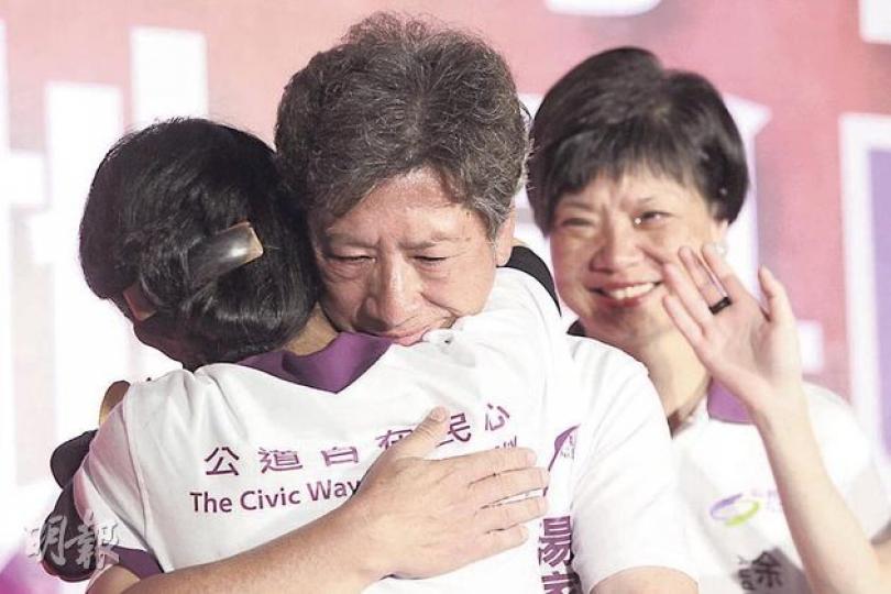 公民黨昨晚舉行催票大會,出選新東的湯家驊(中)談到自己有落選危機一度落淚,獲黨友擁抱安慰,出選新西嘅余若薇(右)也感觸流淚。(郭慶輝攝) 公民黨昨晚舉行催票大會,出選新東的湯家驊(中)談到自己有落選危機一度落淚,獲黨友擁抱安慰,出選新西嘅余若薇(右)也感觸流淚。(郭慶輝攝)