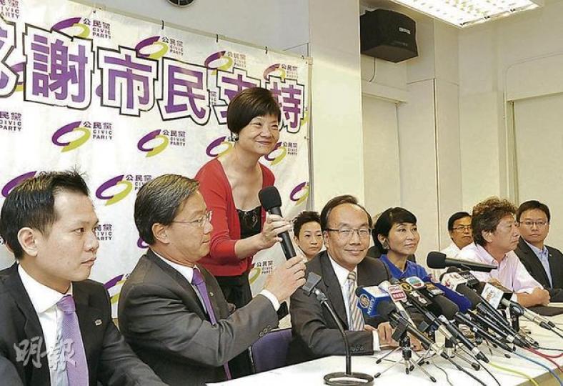 公民黨黨魁梁家傑(前排左三)沒回應該黨部署是否太貪心,致其他泛民候選人墮馬;在新西落敗的余若薇(後排紅衫)表示,別以為選民不投公民黨,就會投給其他泛民政黨。(陳淑安攝) 公民黨黨魁梁家傑(前排左三)沒回應該黨部署是否太貪心,致其他泛民候選人墮馬;在新西落敗的余若薇(後排紅衫)表示,別以為選民不投公民黨,就會投給其他泛民政黨。(陳淑安攝)