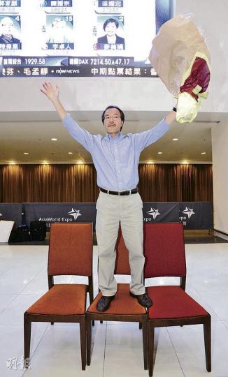 工黨帶唔晒助選團入點票區,決定喺場外睇直播,仲擺幾張櫈搭咗個臨時舞台,圖為場內宣布張超雄當選,佢企上張櫈向助選團謝票。(鄧宗弘攝) 工黨帶唔晒助選團入點票區,決定喺場外睇直播,仲擺幾張櫈搭咗個臨時舞台,圖為場內宣布張超雄當選,佢企上張櫈向助選團謝票。(鄧宗弘攝)