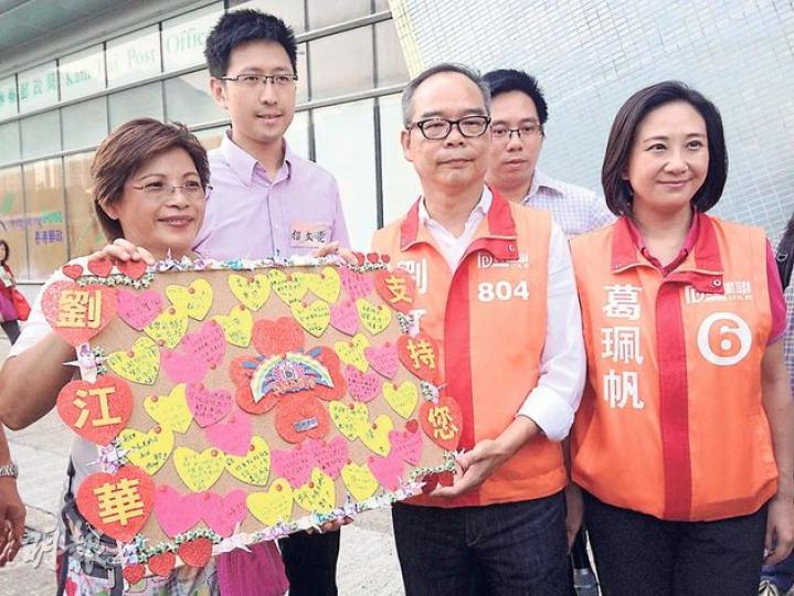 民建聯劉江華(中)同當選嘅葛珮帆(右一)噚日去馬鞍山謝票,街坊話見到劉江華輸咗都好唔開心,成班義工仲整咗心意卡小禮物送畀佢 民建聯劉江華(中)同當選嘅葛珮帆(右一)噚日去馬鞍山謝票,街坊話見到劉江華輸咗都好唔開心,成班義工仲整咗心意卡小禮物送畀佢