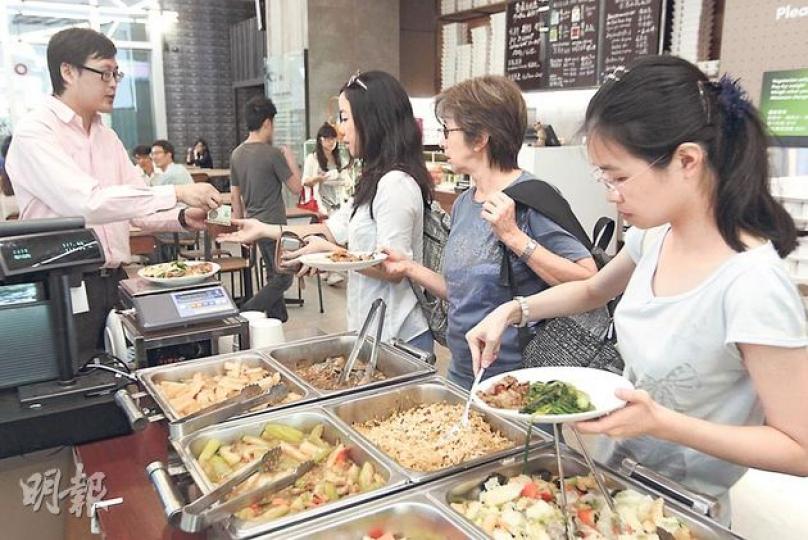 「一念素食」的主食按量收費,食客拿取食物後,再到收銀處量重付款。(郭慶輝攝)「一念素食」的主食每100克15元,最低消費20元,圖中分量重200多克,約30多元,湯及糙米飯免費。(郭慶輝攝)(明報製圖) 「一念素食」的主食按量收費,食客拿取食物後,再到收銀處量重付款。(郭慶輝攝)「一念素食」的主食每100克15元,最低消費20元,圖中分量重200多克,約30多元,湯及糙米飯免費。(郭慶輝攝)(明報製圖)