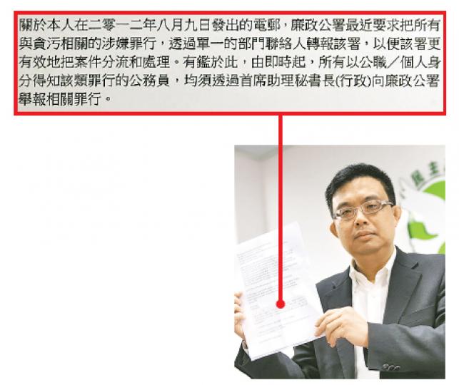 議員涂謹申展示教育局向全體員工發出的內部電郵,內容指員工必須經當局向廉署舉報貪污案件,惹來質疑。教育局回覆時否認限制員工,稱員工仍可自行向廉署舉報。(李澤彤攝) 議員涂謹申展示教育局向全體員工發出的內部電郵,內容指員工必須經當局向廉署舉報貪污案件,惹來質疑。教育局回覆時否認限制員工,稱員工仍可自行向廉署舉報。(李澤彤攝)