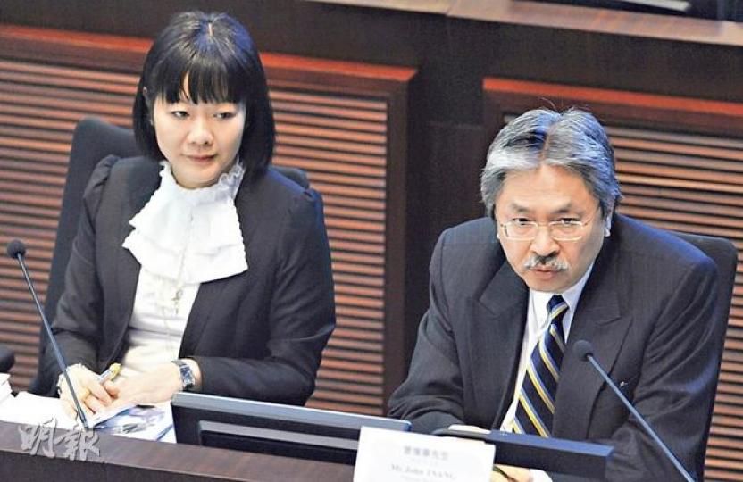 財政司長曾俊華(右)表示,樓市「雙辣招」已見效,樓市炒賣活動有所收斂,但他提醒現時低息環境持續,市民買樓時要考慮一旦加息,是否仍有能力供款。左為政府經濟顧問陳李藹倫。(尹錦恩攝)(明報製圖) 財政司長曾俊華(右)表示,樓市「雙辣招」已見效,樓市炒賣活動有所收斂,但他提醒現時低息環境持續,市民買樓時要考慮一旦加息,是否仍有能力供款。左為政府經濟顧問陳李藹倫。(尹錦恩攝)(明報製圖)