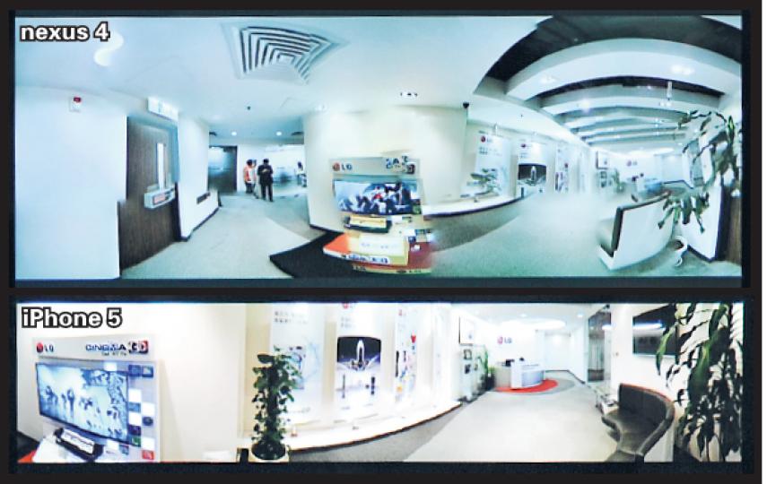 跟下方iPhone 5的全景拍攝效果比較，以nexus 4拍攝之相片明顯更立體。（陳淑安攝）(1) 首先對準拍攝界面中的藍點，鎖定第一張拍攝畫面的範圍。（陳淑安攝）(2) 然後隨意向任何方向移動，畫面都會出現第二個藍點，依樣對準後，相機便會自動拍攝；未有拍攝影像的位置，則會以灰色的3D方格顯示。（陳淑安攝）(3) 重複移動鏡頭、對準藍點來拍攝，完成拍攝後按界面右方的「方形」停止按鍵，相片便會自動處理，並以一般的「長條形」全景相顯示出來。（陳淑安攝）(4) 按下Photo Sphere「地圖圖示」