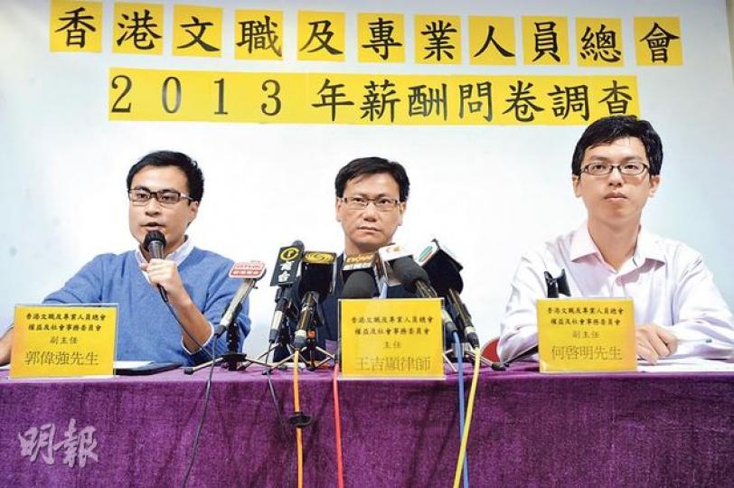 香港文職及專業人員總會昨日公布去年的薪酬問卷調查，發現三成白領階級去年加薪僅1％至3%，計算通脹後薪金實質下降，另一成更被減薪。總會呼籲，僱主今年應加薪7%，圖左起為總會權益及福利事務委員會副主任郭偉強、主任王吉顯及副主任何啟明。（尹錦恩攝）