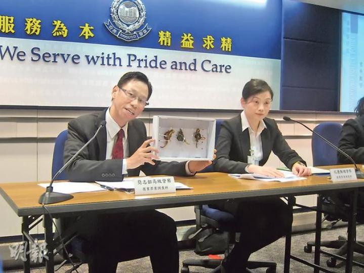 商罪科高級督察簡志韶（圖左）指出，有寶藥黨將每隻價值約80至800元的爬蟲類（白盒內）當珍貴藥材出售，一轉手可售千元或以上，提醒市民若要購買補藥，應到信譽良好商店。（錢瑋琪攝）