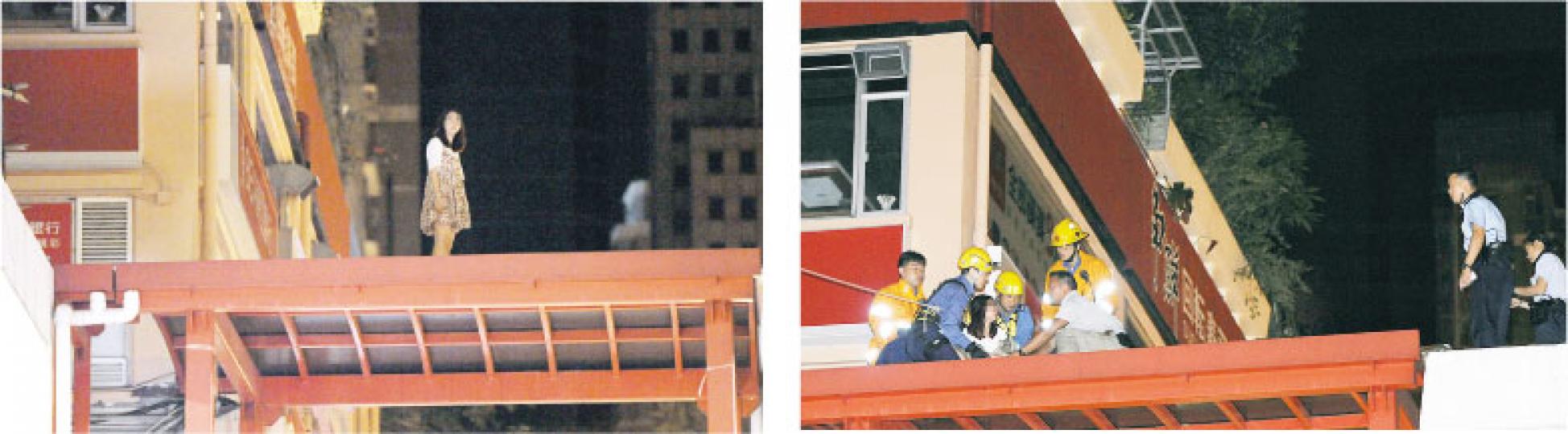 妙齡企跳女危立期間不時回看救援人員(左圖),消防員一面大叫吸引她注意,另一方面撲前將她制服(右圖)。(蔡方山攝) 妙齡企跳女危立期間不時回看救援人員(左圖),消防員一面大叫吸引她注意,另一方面撲前將她制服(右圖)。(蔡方山攝)