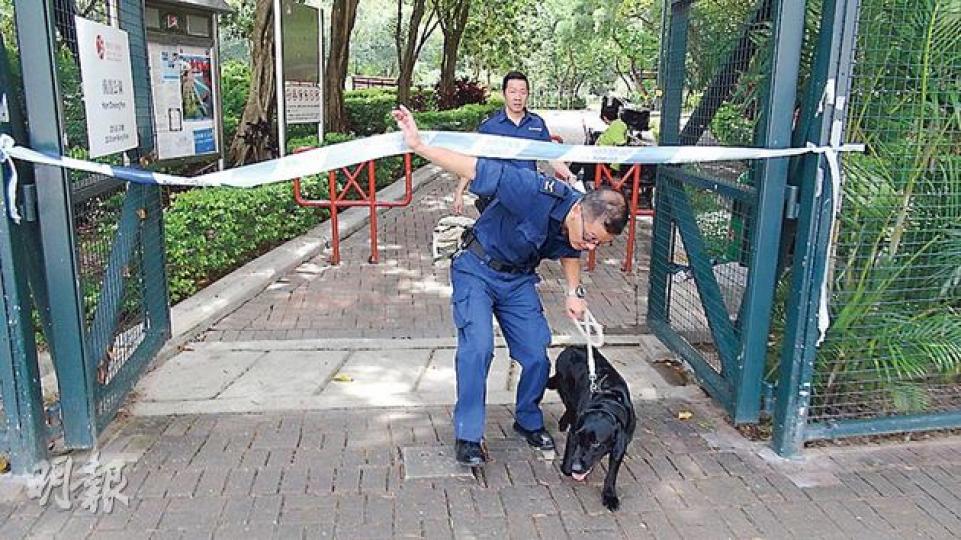警方帶同警犬到南昌公園老翁遇劫現場協助蒐證。(林智傑攝) 警方帶同警犬到南昌公園老翁遇劫現場協助蒐證。(林智傑攝)