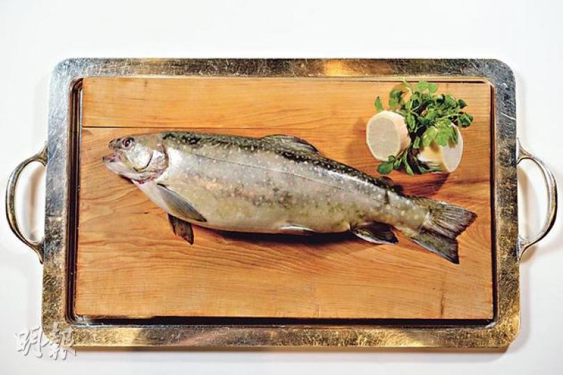 紅點鮭魚屬三文魚近親，肉厚而充滿油香。（林俊源、黃志東攝） 脆三文魚皮沙律——NOBU壽司主廚遠藤秀樹表示，三文魚不同部分都可以入饌，如脆三文魚皮沙律，是將三文魚皮焗至香脆，因不經油炸，健康且能保持魚皮筆直不捲曲，香脆美味。（$155，b）（林俊源、黃志東攝） 三文魚他他伴魚子醬——NOBU創辦人兼主廚松久信幸偶然發現，溫度稍冷的三文魚碎混合牛油有一種與別不同的鮮味，因此想到以冰鎮的方式來保持三文魚溫度，配合木魚湯及魚子醬，充滿海洋味道。（$205，b）（林俊源、黃志東攝） 三文魚新派刺身——以