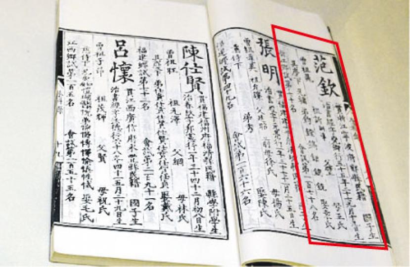 是次展覽展出10冊科舉錄,從中可看到天一閣創辦人范欽(紅框示)於明朝嘉靖七年,投考浙江鄉試錄成績,屬寧波府學附學生的他,最終考得第70名。(余瑋攝)(明報製圖) 是次展覽展出10冊科舉錄,從中可看到天一閣創辦人范欽(紅框示)於明朝嘉靖七年,投考浙江鄉試錄成績,屬寧波府學附學生的他,最終考得第70名。(余瑋攝)(明報製圖)