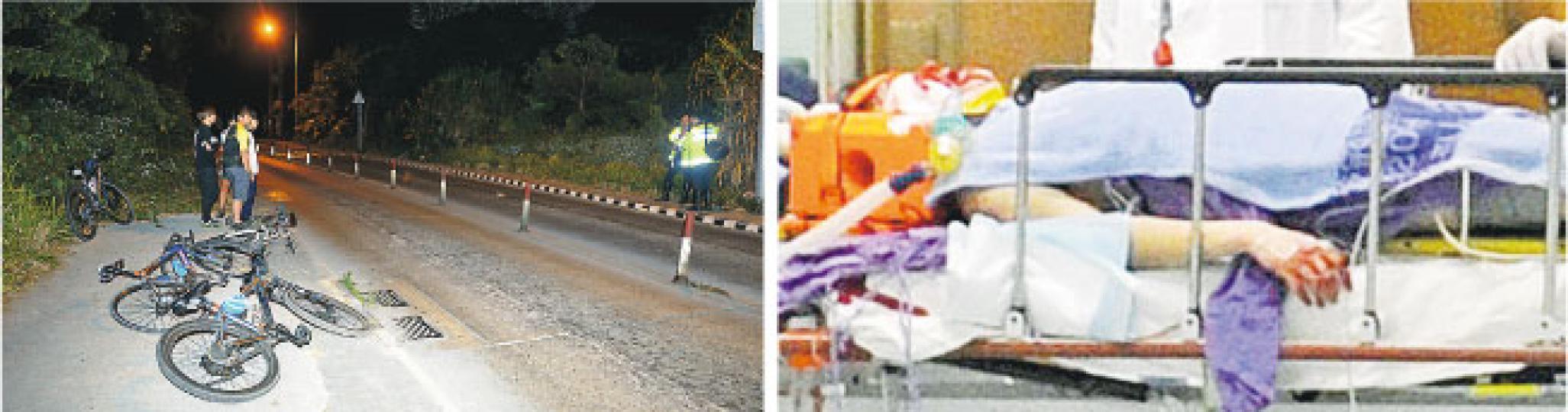 18歲青年昨凌晨騎單車經過林錦公路一個急彎時疑撞石壆失控墮地，頭部重創昏迷（右圖），其單車（左圖最前一部）稍後由警方檢走檢驗。（蔡方山攝）