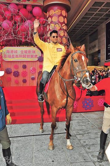 城城穿上賀年裝兼親自騎馬進場,威風凜凜。(攝影﹕梁迺楠)城城攬完財神風騷起飛腳。(攝影﹕梁迺楠) 城城穿上賀年裝兼親自騎馬進場,威風凜凜。(攝影﹕梁迺楠)城城攬完財神風騷起飛腳。(攝影﹕梁迺楠)