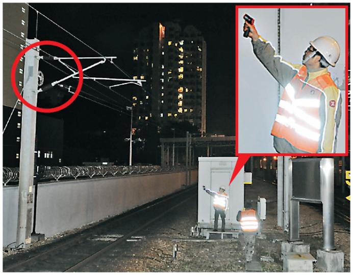 港鐵擔心電纜絕緣體過熱會再引發短路,昨日派職員每隔15分鐘,走到路軌之間安全位置,用雷射槍測量電纜支架上絕緣體(紅圈)的溫度。有熟悉港鐵工程的消息人士說,部分職員是由維修列車部門抽調,對電力系統並不熟悉。(樊銳昌攝) 港鐵擔心電纜絕緣體過熱會再引發短路,昨日派職員每隔15分鐘,走到路軌之間安全位置,用雷射槍測量電纜支架上絕緣體(紅圈)的溫度。有熟悉港鐵工程的消息人士說,部分職員是由維修列車部門抽調,對電力系統並不熟悉。(樊銳昌攝)