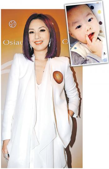 楊千嬅因為整晚照顧發燒的兒子Torres（小圖），難怪昨日面露疲態。（攝影：鍾偉茵）