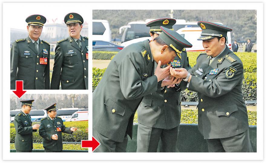解放軍總後勤部政委劉源上將（左）與總裝備部副部長李安東上將（右）昨日邊行邊「密斟」（左上圖），後來劉遇上總後勤部前政委孫大發上將（右），孫即遞上國產「中華牌」軟包裝靚煙（左下圖）。解放軍軍事交通學院院長紀海泉大校（右）即為劉源點火（右圖）。（明報記者攝）