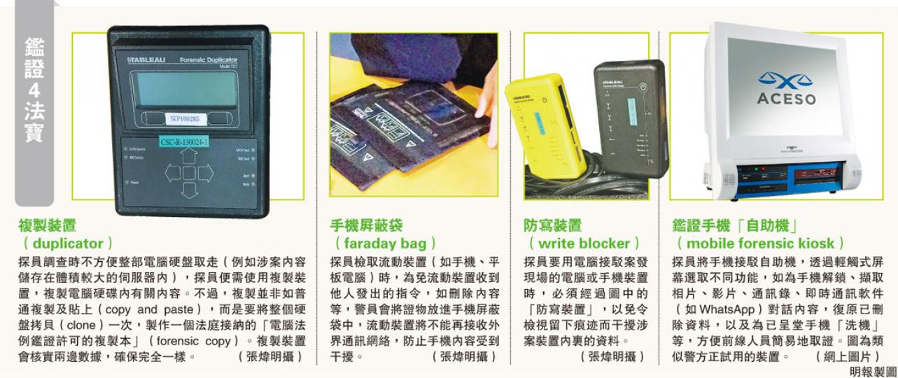 （明報製圖）警方探員介紹警隊多種「秘密武器」，以助搜查電腦和手機中的證據。圖左起為科技罪案組偵緝高級督察劉嘉豪、總督察謝欣亮、初步應變小組成員鐘顯良和郭麗美。（張煒明攝）