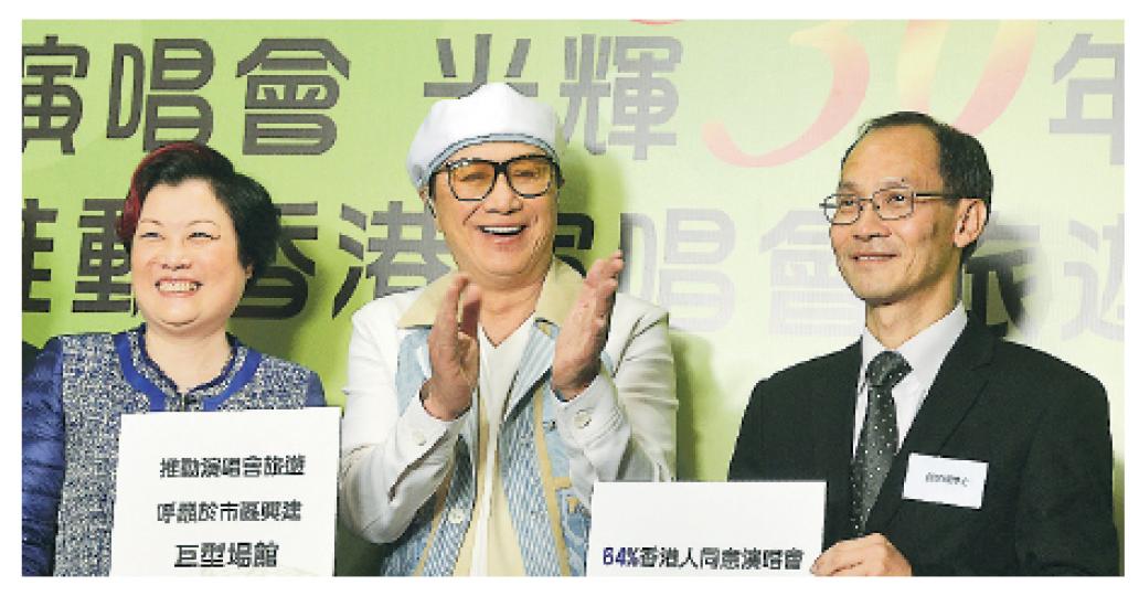 演出業協會主席陳淑芬(左)認為,興建新大型演出場地有助吸引港人留港看演唱會及消費。圖右為港大民意研究計劃總監鍾庭耀,中為歌星許冠傑。(余俊亮攝) 演出業協會主席陳淑芬(左)認為,興建新大型演出場地有助吸引港人留港看演唱會及消費。圖右為港大民意研究計劃總監鍾庭耀,中為歌星許冠傑。(余俊亮攝)