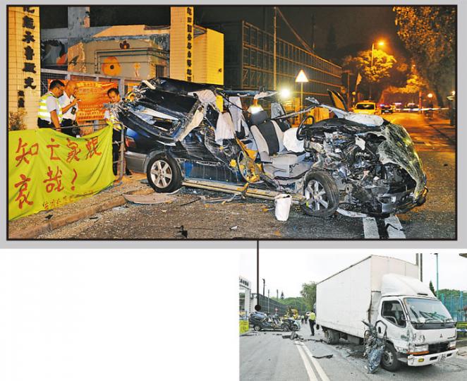 七人車與貨車相撞後右邊車門撞脫,直插入貨車右車身,貨車右邊的車頭位置輕微損毁(下圖)。七人車嚴重損毁,擋風玻璃撞至完全飛脫(上圖)。(蔡方山攝) 事主的兄長認屍期間跪地痛哭。(蔡方山攝) 獲悉謙仔死訊,其父蹲於地上激動嚎哭,其妹泣不成聲安慰父親。(蔡方山攝) 七人車與貨車相撞後右邊車門撞脫,直插入貨車右車身,貨車右邊的車頭位置輕微損毁(下圖)。七人車嚴重損毁,擋風玻璃撞至完全飛脫(上圖)。(蔡方山攝) 事主的兄長認屍期間跪地痛哭。(蔡方山攝) 獲悉謙仔死訊,其父蹲於地上激動嚎哭,其妹泣不成聲安慰父親。(蔡方山攝)