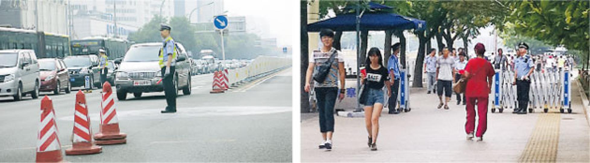 北京市面加強戒備，圖為警察在長安街的檢查站駐守（右圖），而交警也被要求全員上街執勤（左圖），在紅燈時上前檢查車輛。（明報記者攝）