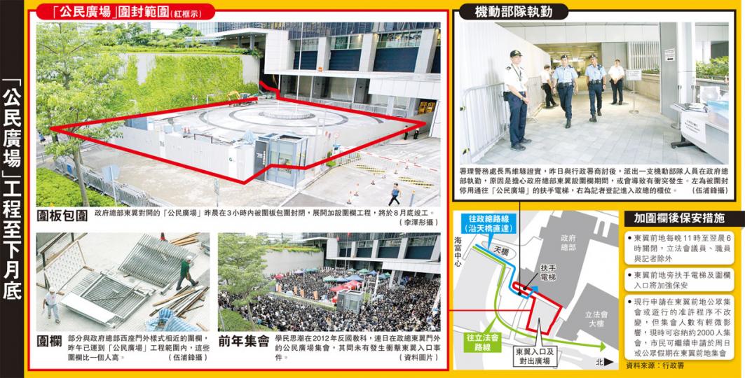 (明報製圖)工聯會立法會議員黃國健說,昨回立會才知政總東翼廣場有圍欄工程,議員肯定會比以前不方便,但會先聽政府解釋,認為保安與市民表達意見的權利之間要有平衡。(胡景禧攝)民主黨南區區議員柴文瀚昨到立法會開會,他揶揄政總外的圍欄「起得仲快過柏林圍牆」,稱政府的做法肯定與佔中有關。(胡景禧攝) (明報製圖)工聯會立法會議員黃國健說,昨回立會才知政總東翼廣場有圍欄工程,議員肯定會比以前不方便,但會先聽政府解釋,認為保安與市民表達意見的權利之間要有平衡。(胡景禧攝)民主黨南區區議員柴文瀚昨到立法會開會,他揶揄政總外的圍欄「起得仲快過柏林圍牆」,稱政府的做法肯定與佔中有關。(胡景禧攝)