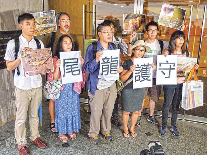 何來(前排右二)及其他守護龍尾大聯盟成員高呼「守護龍尾、永不放棄」,表明敗訴後會用盡方法,守護龍尾灘,並要求政府擱置人工泳灘計劃。(何偉畧攝) 何來(前排右二)及其他守護龍尾大聯盟成員高呼「守護龍尾、永不放棄」,表明敗訴後會用盡方法,守護龍尾灘,並要求政府擱置人工泳灘計劃。(何偉畧攝)