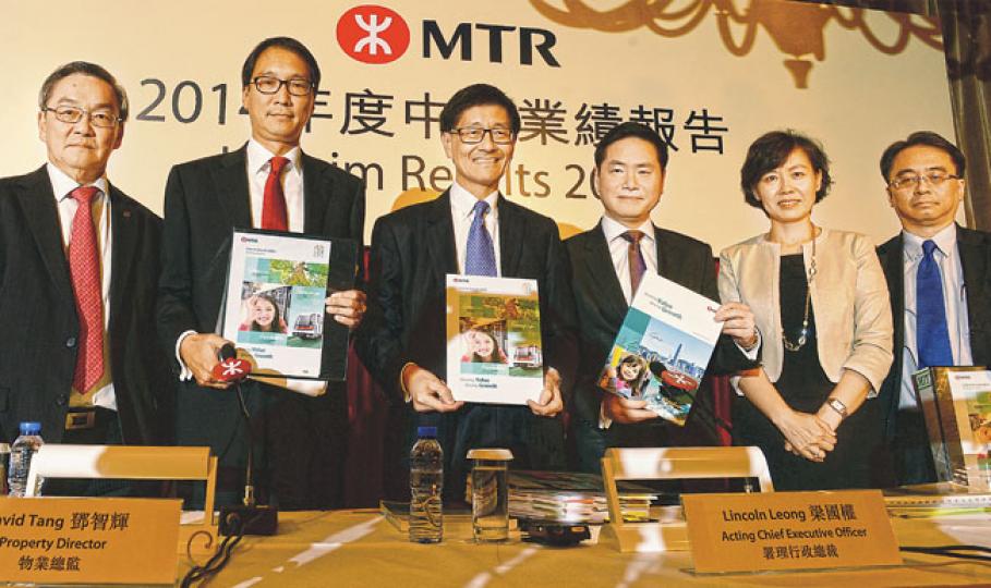 港鐵署理行政總裁梁國權(中)昨日主持港鐵2014年中期業績會,集團半年利潤79.12億元,較去年同期升28.5%。圖左起為港鐵公司事務總經理王美琪、將退休的工程總監周大滄、物業總監鄧智輝、梁國權、財務總監羅卓堅、商務總監楊美珍,以及日前為唐狗「未雪」事件向公眾道歉的車務總監金澤培。(劉焌陶攝) 港鐵署理行政總裁梁國權(中)昨日主持港鐵2014年中期業績會,集團半年利潤79.12億元,較去年同期升28.5%。圖左起為港鐵公司事務總經理王美琪、將退休的工程總監周大滄、物業總監鄧智輝、梁國權、財務總監羅卓堅、商務總監楊美珍,以及日前為唐狗「未雪」事件向公眾道歉的車務總監金澤培。(劉焌陶攝)