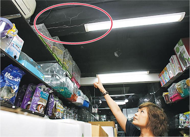 唐樓一樓寵物店女職員表示,其單位亦出現多道裂痕,包括橫樑上有逾兩呎長的裂痕(紅圈示)。(林俊源攝)涉事唐樓三樓一個單位正拆牆做裝修,工程期間樓下多個單位出現裂痕,該單位事後一度停工。(伍浦鋒攝)駱克道唐樓發生危樓驚魂期間,警方疏散商戶及住客約30人到樓下,眾人均擔憂唐樓是否安全。(林俊源攝) 唐樓一樓寵物店女職員表示,其單位亦出現多道裂痕,包括橫樑上有逾兩呎長的裂痕(紅圈示)。(林俊源攝)涉事唐樓三樓一個單位正拆牆做裝修,工程期間樓下多個單位出現裂痕,該單位事後一度停工。(伍浦鋒攝)駱克道唐樓發生危樓驚魂期間,警方疏散商戶及住客約30人到樓下,眾人均擔憂唐樓是否安全。(林俊源攝)