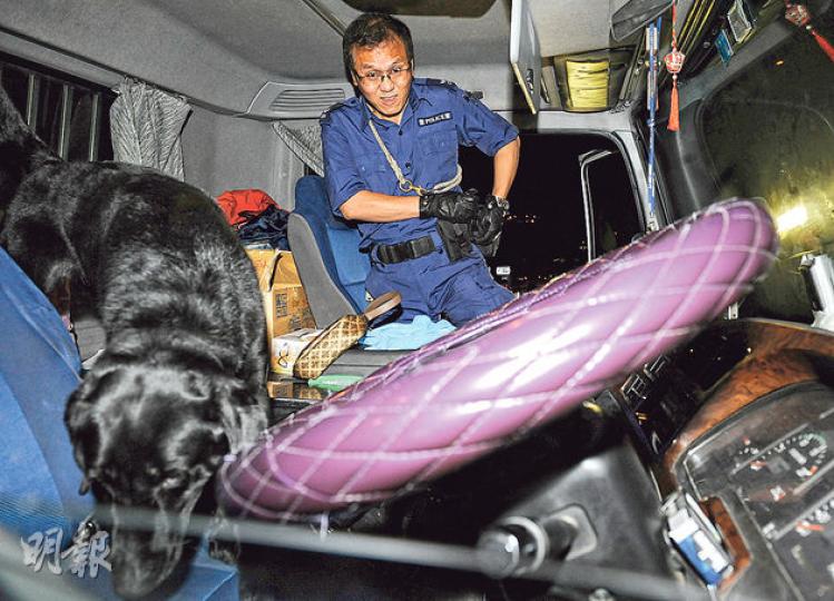 貨櫃車司機涉嫌藏毒被捕後,警方召來緝毒犬登車搜查,最終未有發現。 (蔡方山攝)汀九橋昨凌晨有貨櫃車突然停在橋面,司機昏睡軚盤上,被到場警員揭發藏毒拘捕。 (蔡方山攝) 貨櫃車司機涉嫌藏毒被捕後,警方召來緝毒犬登車搜查,最終未有發現。 (蔡方山攝)汀九橋昨凌晨有貨櫃車突然停在橋面,司機昏睡軚盤上,被到場警員揭發藏毒拘捕。 (蔡方山攝)