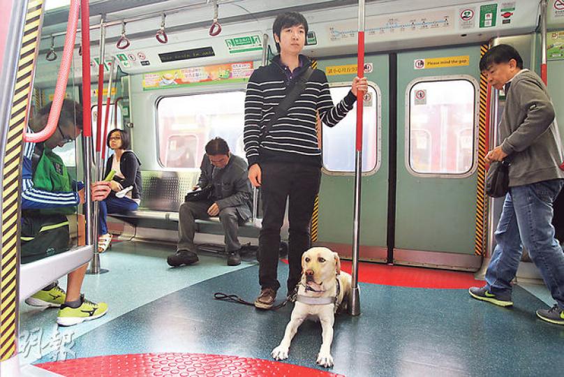 崔宇恒平日會和導盲犬Range一起搭火車上班,亦會一同到詠春拳館。崔宇恒指Range個性乖巧,到了餐廳或是乘交通工具時,會懂得坐在座位下,「就像自動泊車一樣」。(林俊源攝) 崔宇恒平日會和導盲犬Range一起搭火車上班,亦會一同到詠春拳館。崔宇恒指Range個性乖巧,到了餐廳或是乘交通工具時,會懂得坐在座位下,「就像自動泊車一樣」。(林俊源攝)