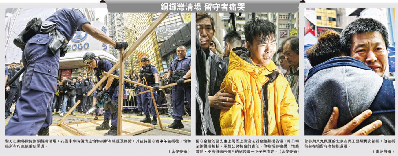 (明報製圖)最後一個佔領區銅鑼灣昨日清場,10多人在橫額及黃傘前靜坐留守至被捕,當中包括一直在金鐘及旺角留守的市民,亦有人甘願再次被捕。(余俊亮攝)(明報製圖) (明報製圖)最後一個佔領區銅鑼灣昨日清場,10多人在橫額及黃傘前靜坐留守至被捕,當中包括一直在金鐘及旺角留守的市民,亦有人甘願再次被捕。(余俊亮攝)(明報製圖)
